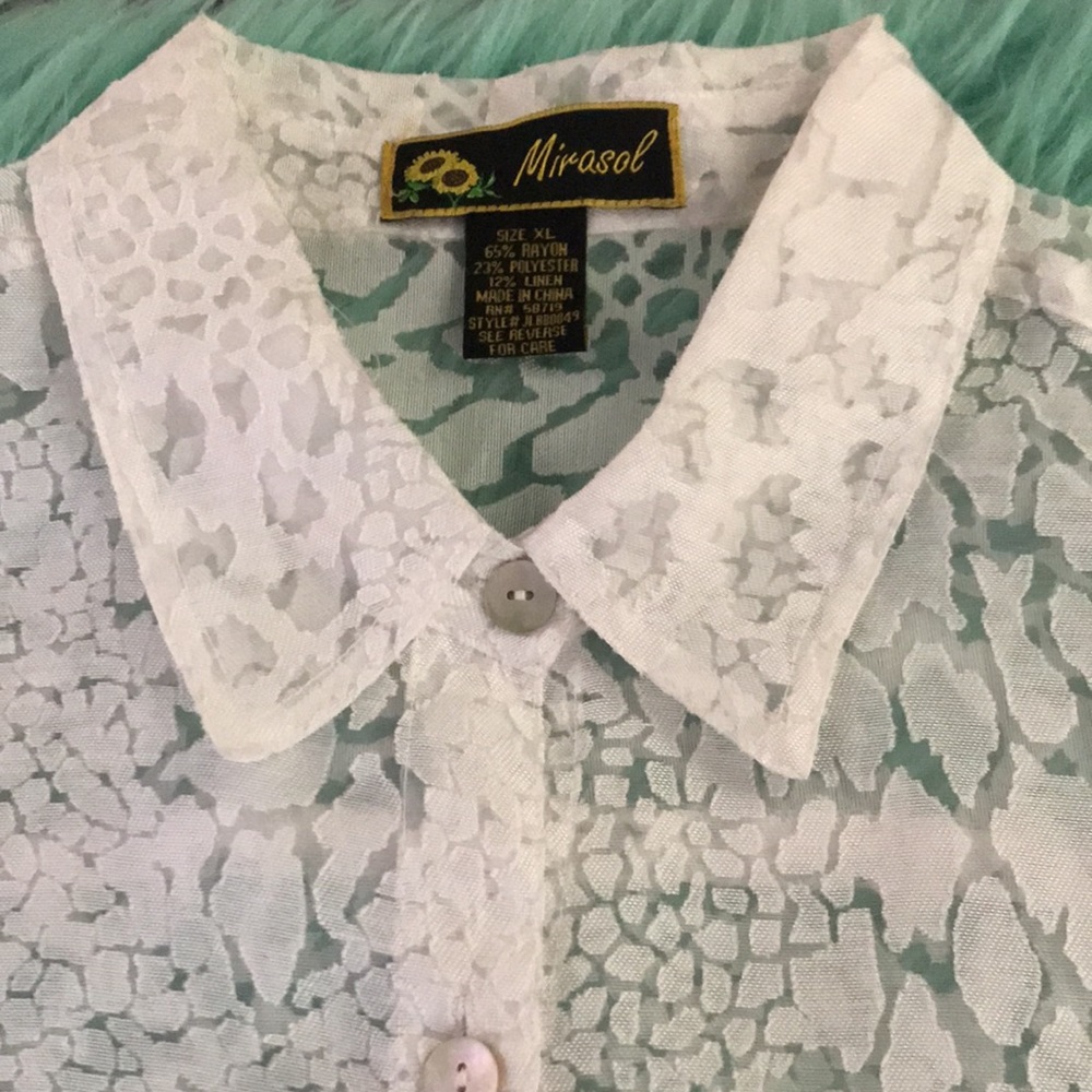 White Leopard Print Sheer Lace Button Front Shirt… - image 3
